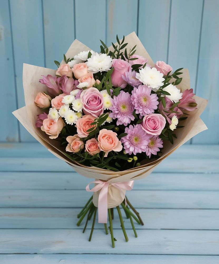 Букет цветов из: Хризантемы, Розы и Альстромерии в Родниковской