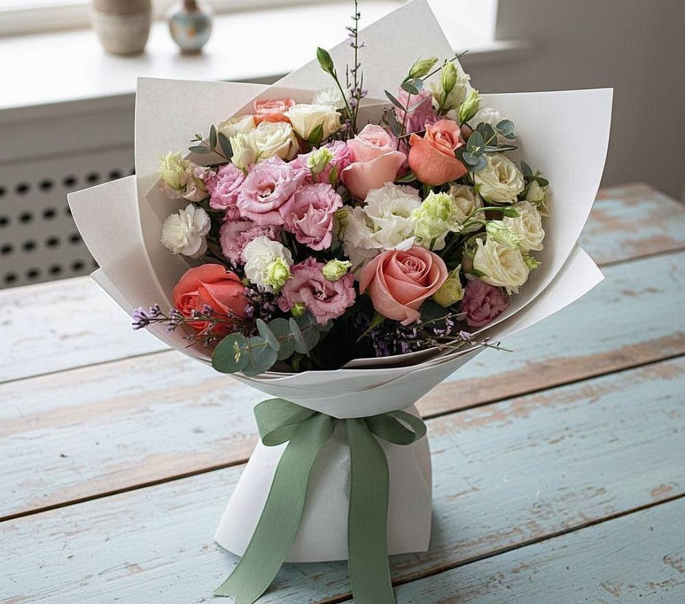 Букет цветов из: Розы, Лизиантусы и Гвоздики в Родниковской