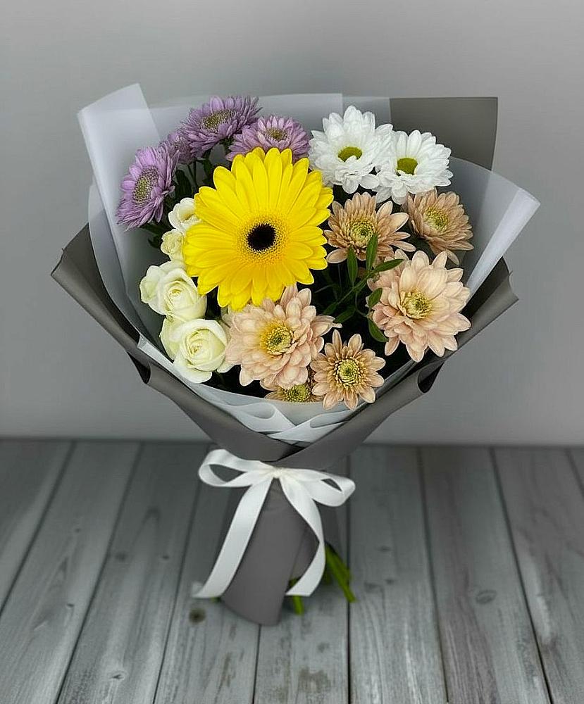 Букет цветов из: Розы, Герберы и Хризантемы в Родниковской