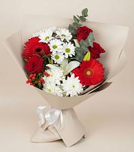 Букет цветов из:  Розы, Хризантемы, Герберы и Лилии в Родниковской