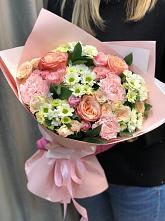 Букет нежные объятья в Родниковской Букет цветов из: Гвоздики, Розы и Хризантемы в Родниковской