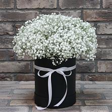 Цветочная композиция из Гипсофила в шляпной коробке в Родниковской