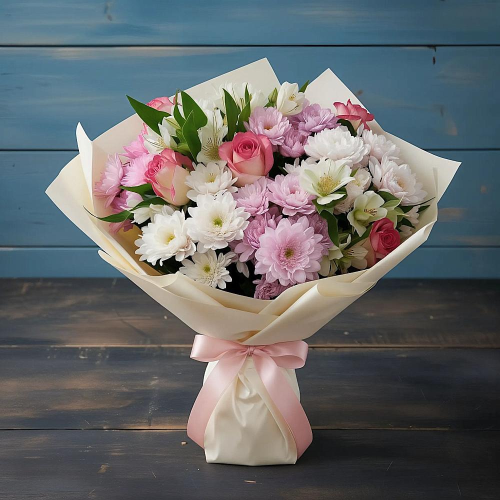 Букет цветов из: Хризантемы, Альстромерии и Розы в Родниковской